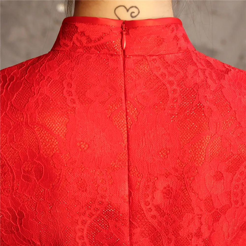 Шанхай история кружева китайское традиционное платье короткий рукав длинный Qipao для женщин красное платье чонсам