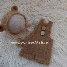 Реквизит для фотосъемки новорожденных мохеровая шапка с медведем и мохеровые брюки