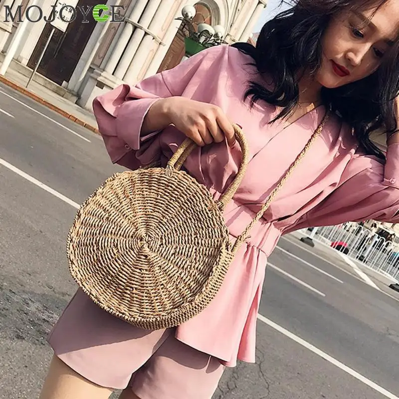 Плетеная соломенная сумка круглый Сумки из натуральной кожи в ретро стиле