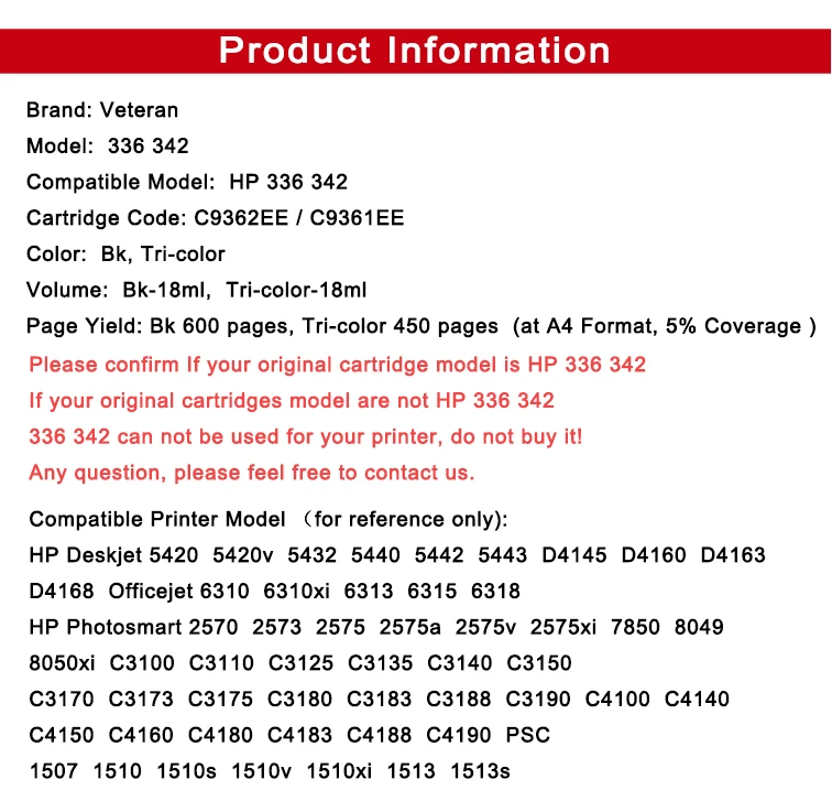Ветеран чернильный картридж 336 342 Замена для hp 336 hp 342 hp Deskjet 5440 PSC1510 Photosmart 1500 C3100 C3180 D5420 6310 принтер