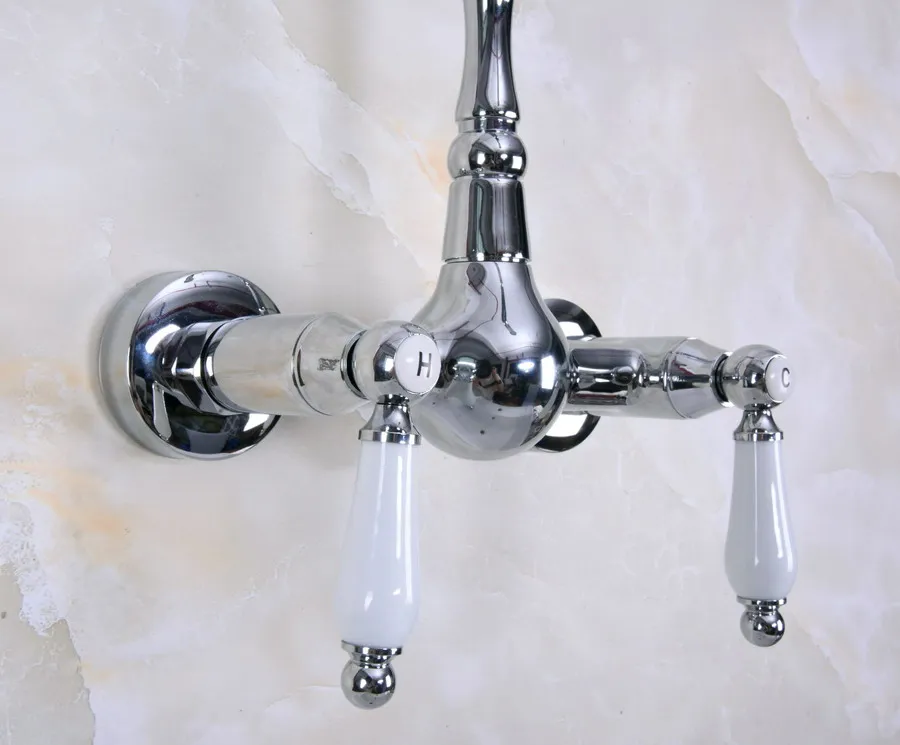 Polished Chrome Brass Wall Mounted Double Ceramic Handles Levers Bathroom Kitchen Sink Faucet Mixer Tap Swivel Spout anf961