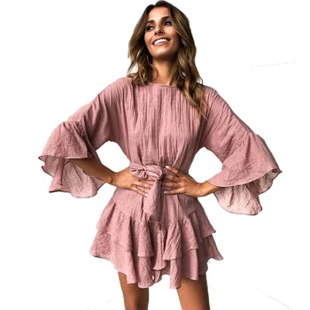 

Casual Cotton O-neck Petal Sleeve Pleated Summer Dress Women 2019 Sundress Pink Mini Wrap Dress Vestidos