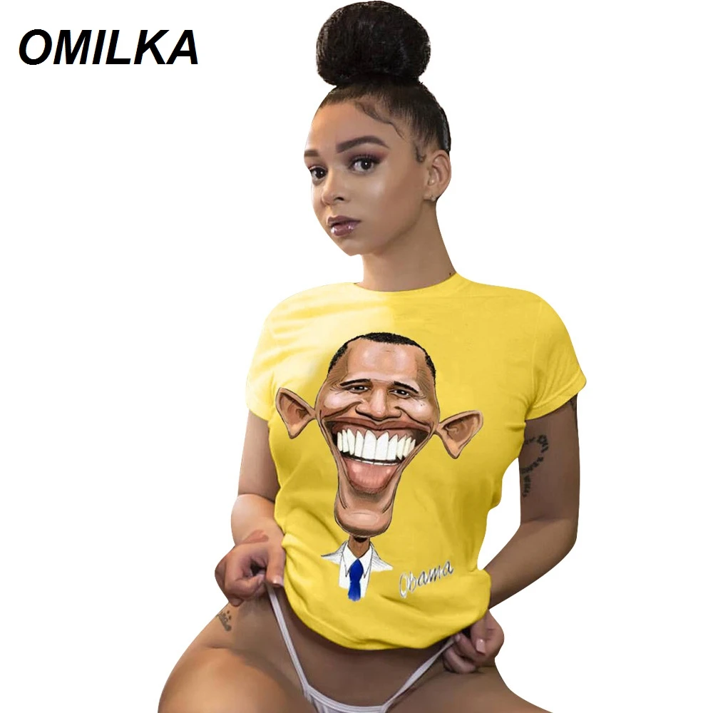 

OMILKA Cartoon Printed Obama T Shirt Women 2019 Summer Short Sleeve O Neck Harajuku Hip Hop Club Funny Streetwear Tops Tees