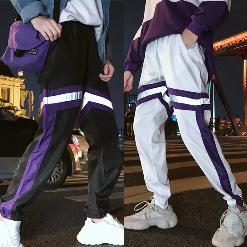 

ZK Striped Reflective Stitching Color Block Patchwork Track Pants Mens Hip Hop Windbreaker Streetwear Trousers Harem Pants Male