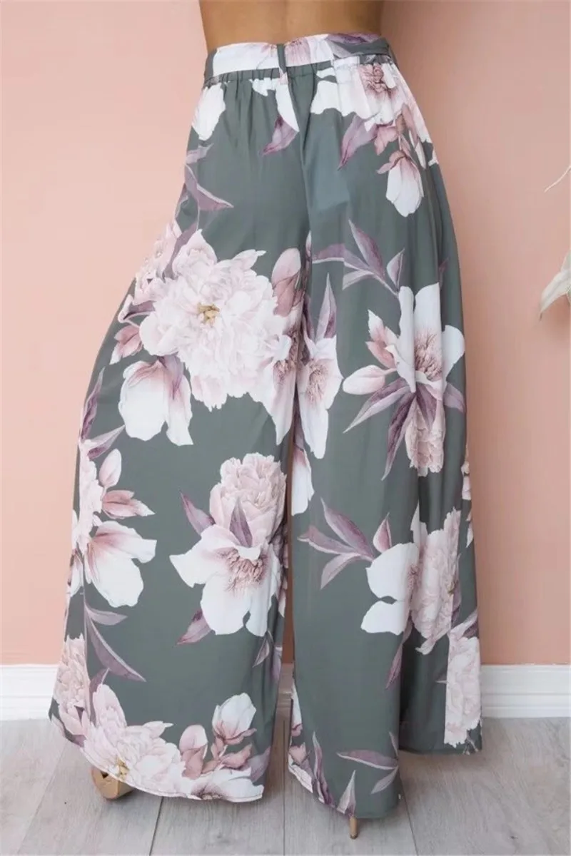 Casual High Waist Long Pant Sexy Floral Print Wide Leg Pants 2019 Summer Bohemian Elastic Waist Belt Beach Pants Casual High Waist Long Pant Sexy Floral Print Wide Leg Pants 2019 Summer Bohemian Elastic Waist Belt Beach Pants
