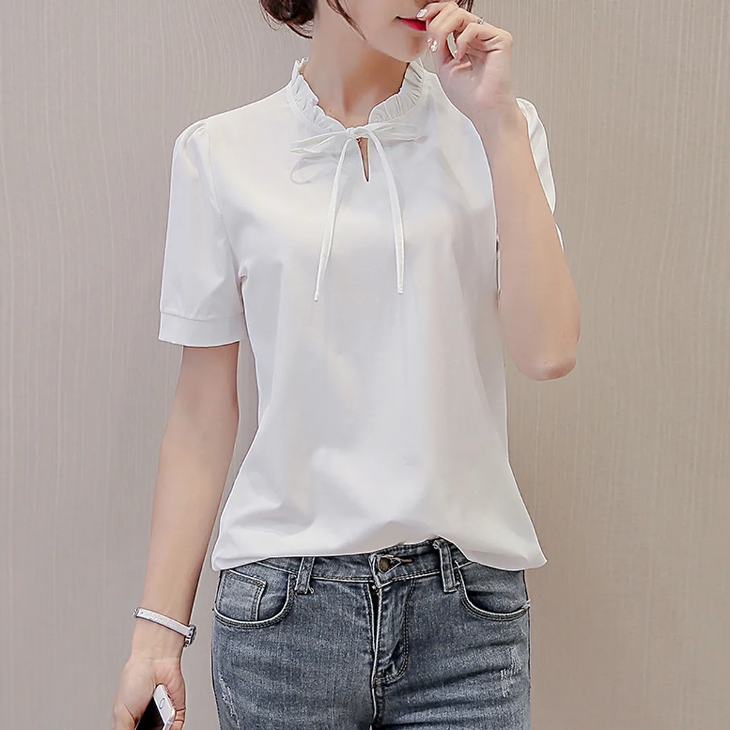 Women Fashion Blouse 2019 Women Summer Work Office Short Sleeve Bow Tie Solid Chiffon Blouse Tee Shirt Top