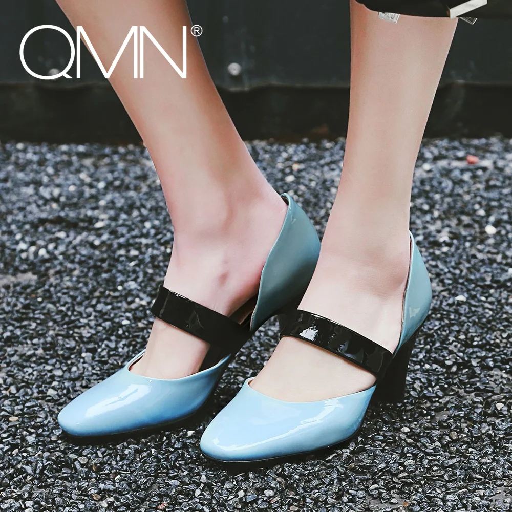 

QMN women genuine leather slippers Women Contrast Color Patent Leather Square Toe Mules Slip On Summer Shoes Woman Slides