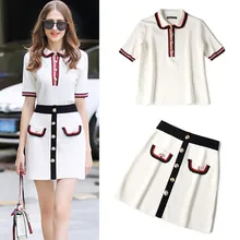 Летняя новая одежда для работы, комплект из двух предметов, вязанная блузка с коротким рукавом, топы, женская юбка, костюм для офиса, Женский комплект одежды NS361