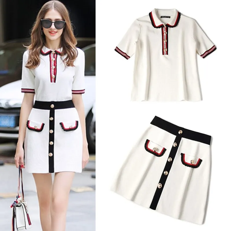 

Summer New Work Wear Two Piece Set Runway Knitted Short Sleeve Blouses Tops Women Skirt Suit Office Ladies Clothing Set NS361