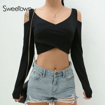 

Sweetown Sexy Long Sleeve Crop Top T Shirt Women Cross Korean Tee Shirt Femme Autumn 2018 Black Elegant Harajuku Tshirt