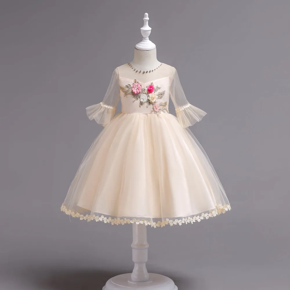 BH726X # бальное платье цвета шампанского для девочек в цветочек платья в европейском и американском стиле с короткими рукавами вышитые
