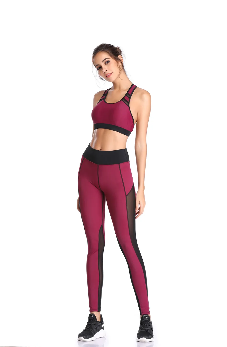 LI-FI, женские штаны для йоги, сетчатые лоскутные леггинсы, спортивный жилет, костюмы для бега, удобный Быстросохнущий комплект для йоги, женская спортивная одежда - Цвет: Wine Red