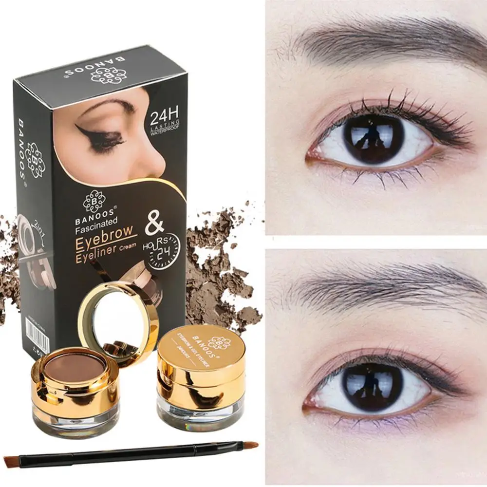 

2 in 1Black Brown Gel Eyeliner Eyebrow Powder with Brushes 4 Color Waterproof Smudge Proof Makeup Set