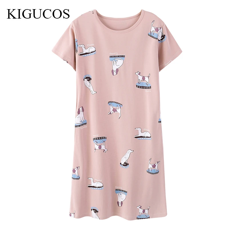 

KIGUCOS Women Summer Long Pyjamas Short Sleeve Cotton Sleep Robes Girl Cute Sleepwear Cartoon Pijamas