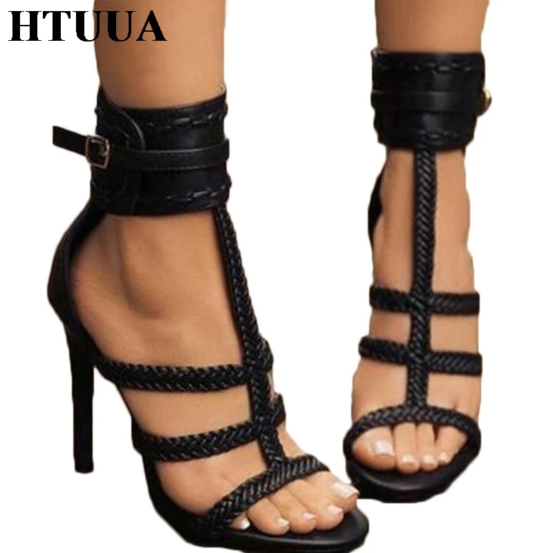 

HTUUA New 2018 Sexy PU Weave Gladiator Sandals Women Thin High Heels 11CM Bandage Cross Tied Fashion Summer Party Shoes SX842