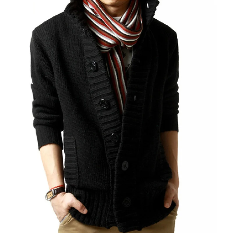 Winter Korean Fashion Men's Thick Sleeve Long Jacket Fashion Casual Slim Loose Collar Button Knit Solid Color Sweater For Men