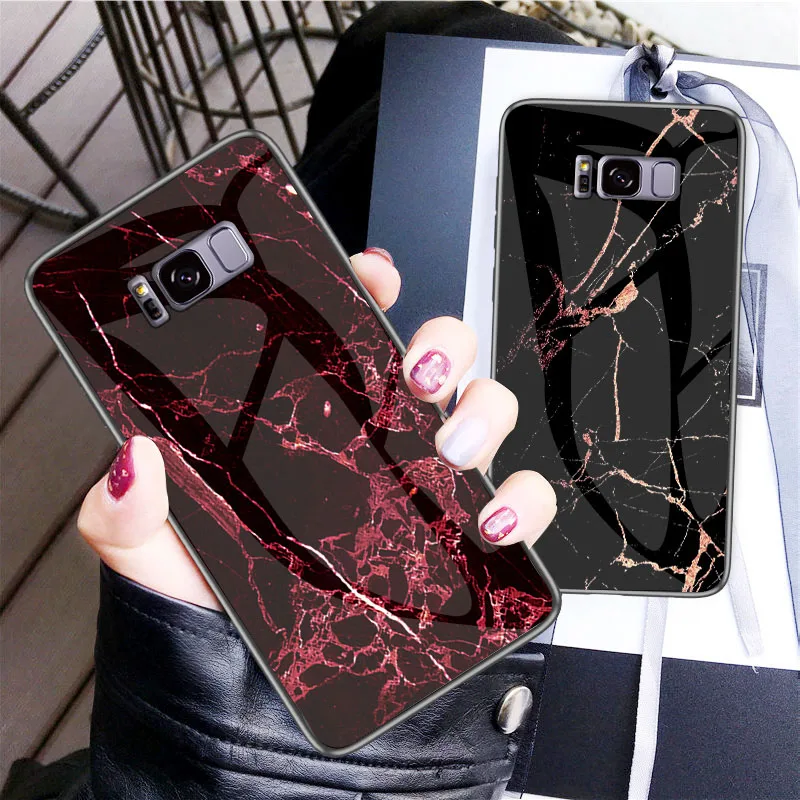 

SFor Samsung S9 S8 S10E S10 Plus Note 9 8 M10 M20 A7 A8 A9 A6 J4 J6 J8 2018 J5 Prime J3 J7 2017 Case Marble Tempered Glass Cover