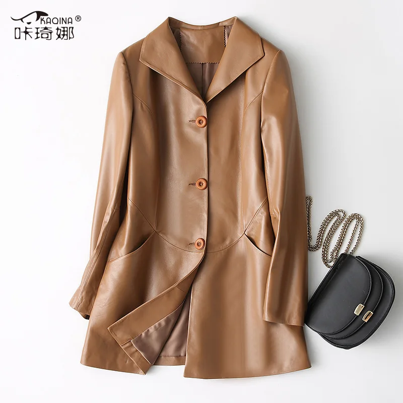 

Genuine Leather Jacket Women Spring Autumn Real Sheepskin Coat Womens Leather Jackets Long Windbreaker Veste En Cuir Femme 28007