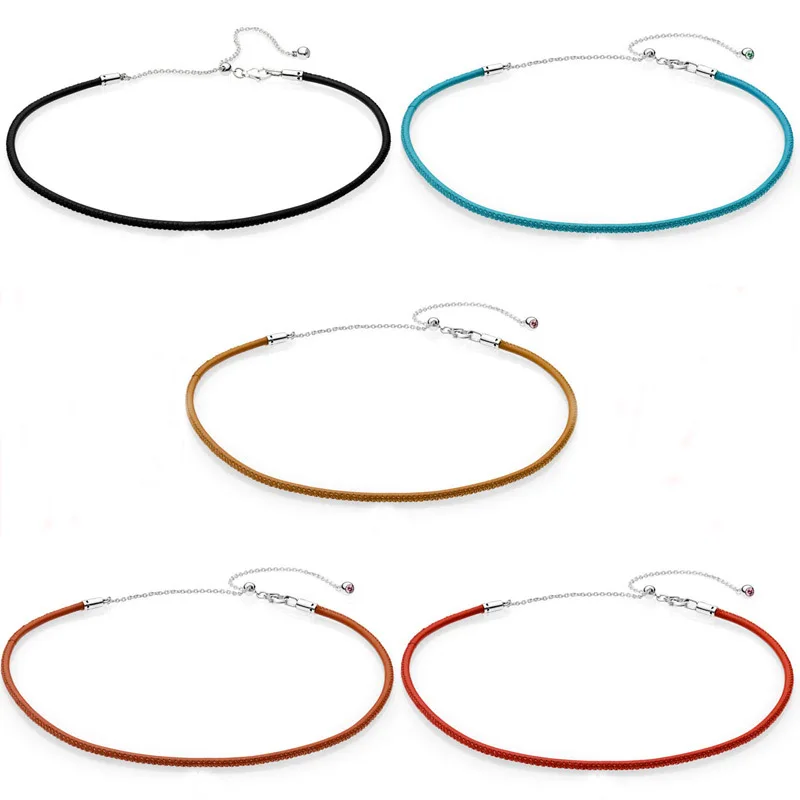 

Multicolor Leather Choker Adjustable Sliding Clasp Necklace For Women Wedding Gift DIY Jewelry 925 Sterling Silver Necklace