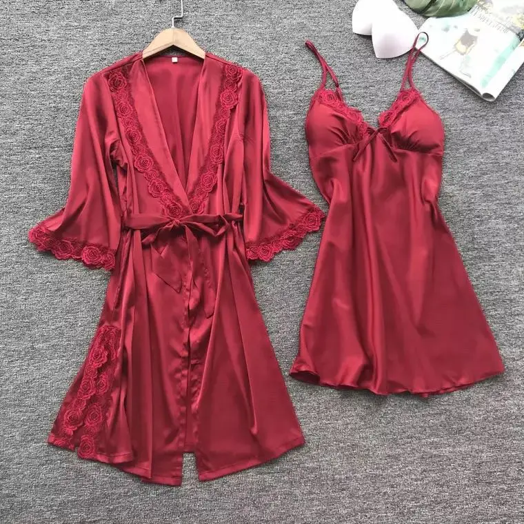 2019 Wanita Tidur Kain Satin Seksi Baju Tidur Dress Lounge Jubah Set 2 Pcs Robe Gown Set Aliexpress