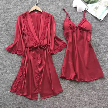 

2019 women sleeping cloth satin sexy sleepwear dress lounge robe set 2pcs