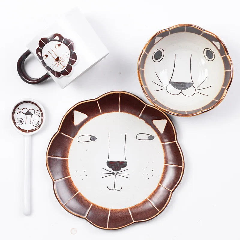 Handpainted ceramics cute lion cup bowl dish sets tableware Western dessert plates mug | Дом и сад