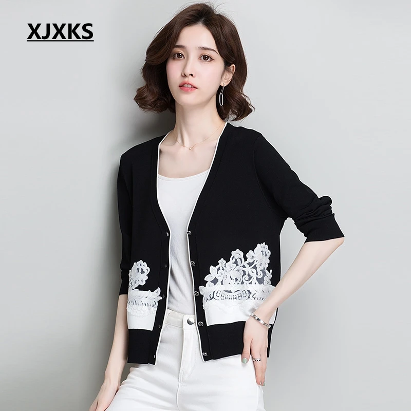 

XJXKS Linen Thin Sweater Women Lace Cardigans Breathable 8 Point Sleeve Vintage Knitted Sweaters Women Cardigan