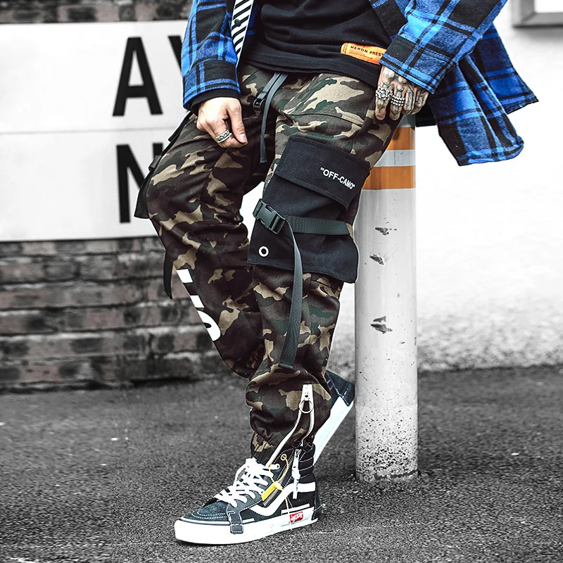 Мужские брюки карго из хлопка, уличная одежда в стиле хип-хоп с лентами, повседневные мешковатые брюки Харадзюку цвета хаки для мужчин, одежда