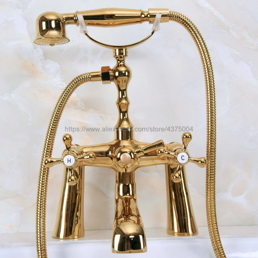 Luxury Polished Gold Brass Clawfoot Bathtub Faucet telephone style Bath