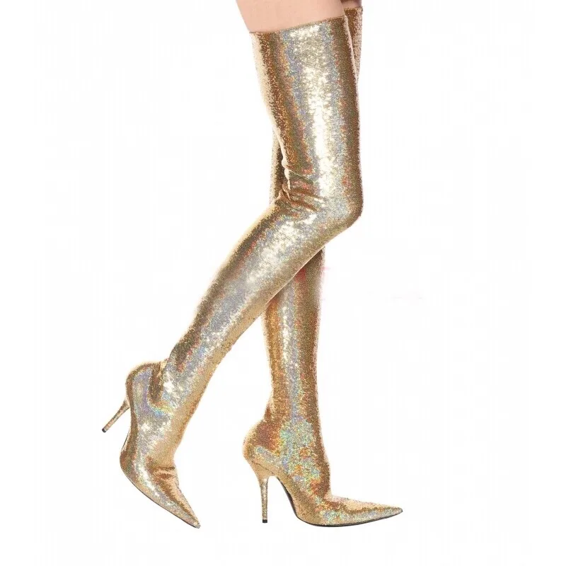 

bling bling sexy thigh high boots Leopard print pointed toe high heels shoes Stretch over knee boots womens shoes newest 2018