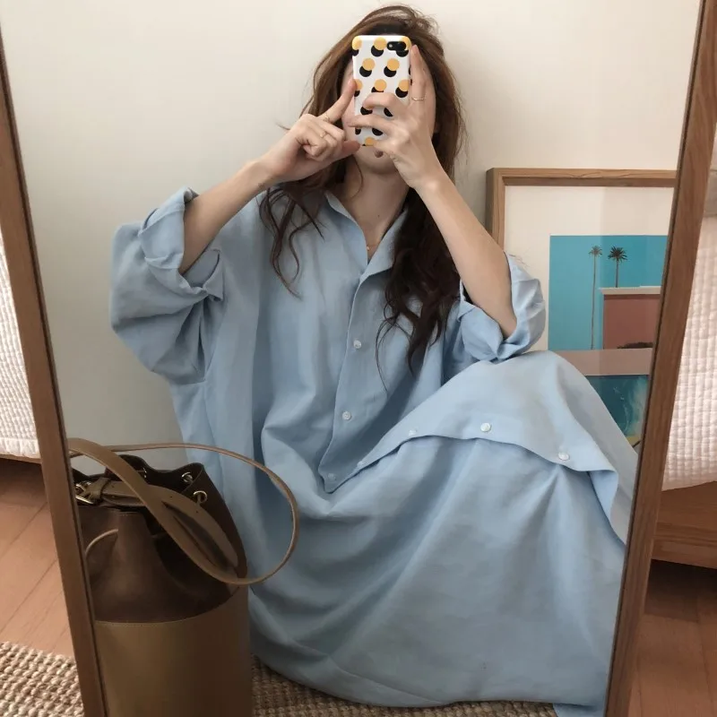 

women's summer cotton white loose long shirt dress female solid plus size long sleeve vestidos single row buttons dresses