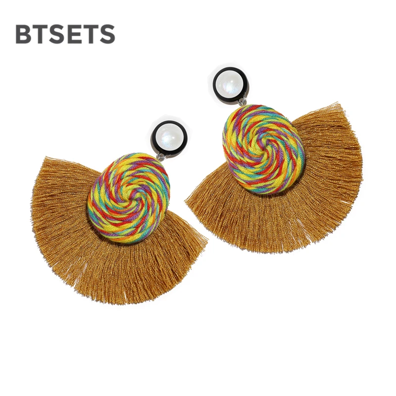 

BTSETS Fan Tassel Earrings Female Brincos Round Statement Earrings For Women Hanging Drop Dangle Earring Fashion Jewelry Gift
