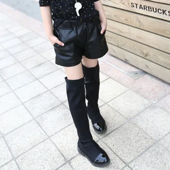 

New Winter Children Black Girls PU Leather Boots Kids Shorts Black