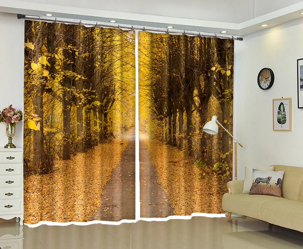 Two rows of trees next to the road 3d Digital Printing Stereo Cutoff Curtains High Precision Black Silk | Дом и сад