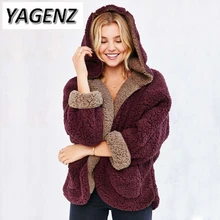 YAGENZ New 2017 Fashion Winter Hooded Jacket Warm Lady Coat Loose Bat sleeve Both Sides Lamb Wool Coat Solid color Female Coats