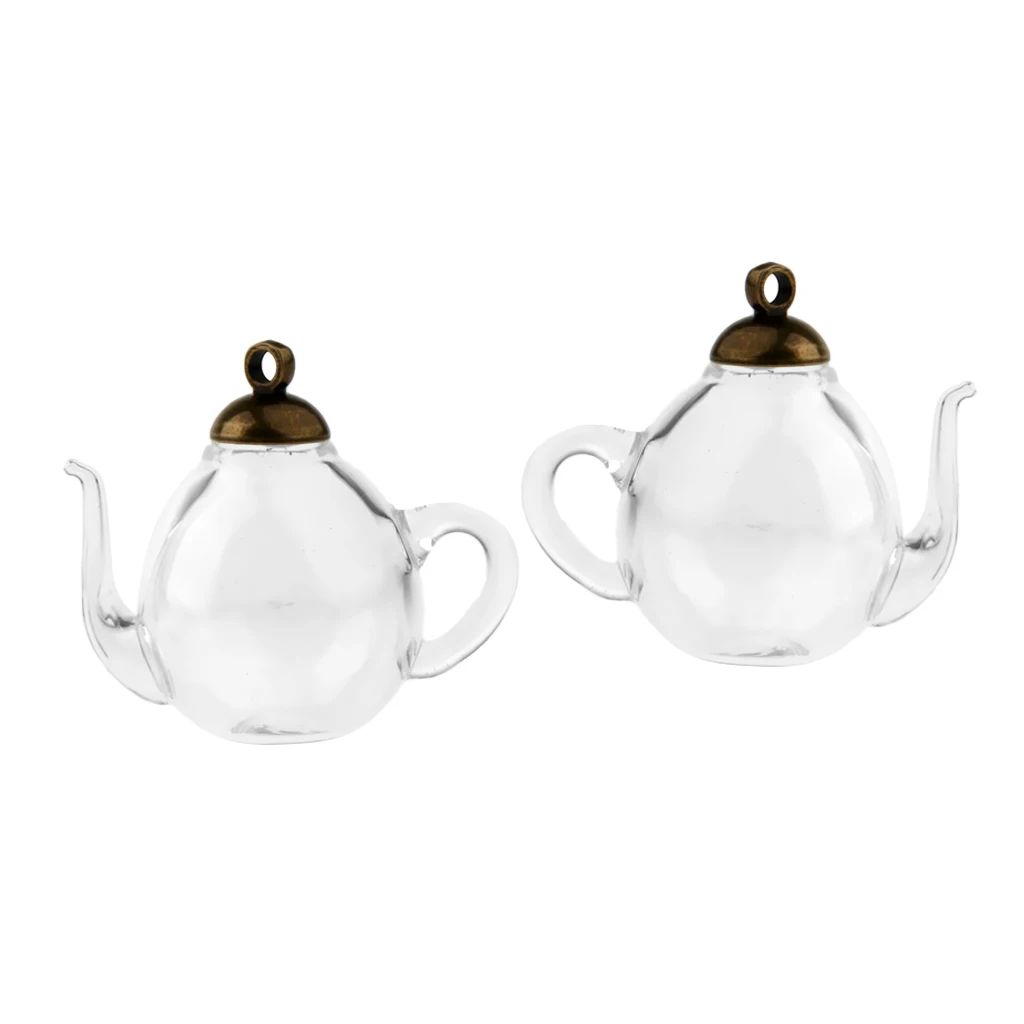 2Pcs Mini Teapot Empty Glass Wishing Cap Bottles Vial Pendant Charms Craft DIY