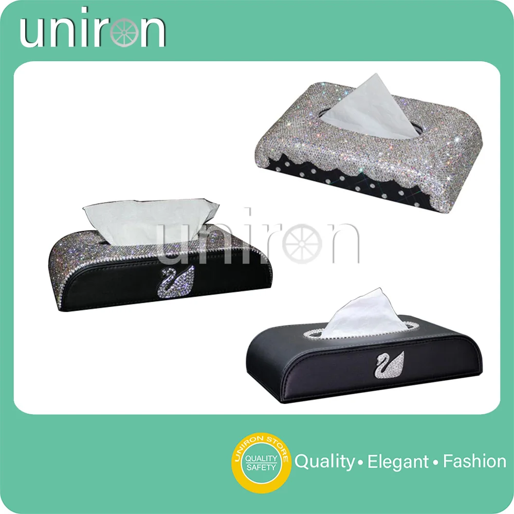 

Uniron Car Block Type Tissue Box Swan Diamonds Auto Tissue Holder Block-type Car Styling Hand Made Starry Diamante Bling Cover