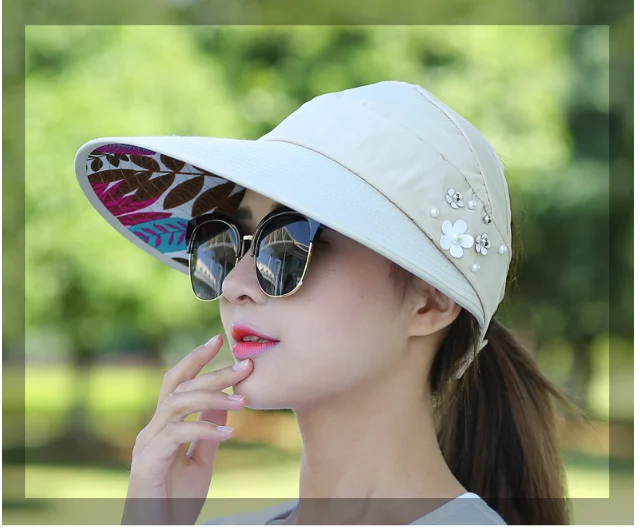 

2019 New Foldable women summer beach Sun Hats pearl packable Adult sun visor hat big heads wide brim UV protection female cap