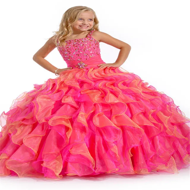 2017 Straps Hot Pink Orange Ball Gowns Little Girls Pageant Dresses