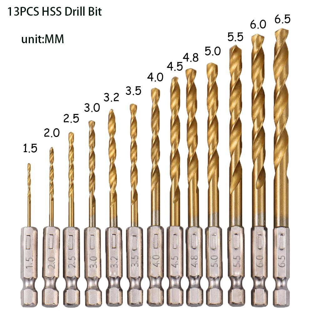 

13pcs Titanium Coated Twist Drill Bit Set 1.5 ~ 6.5mm 1/4" Hex Shank HSS Drill Bit for Electric Drill Screwdr Drilling