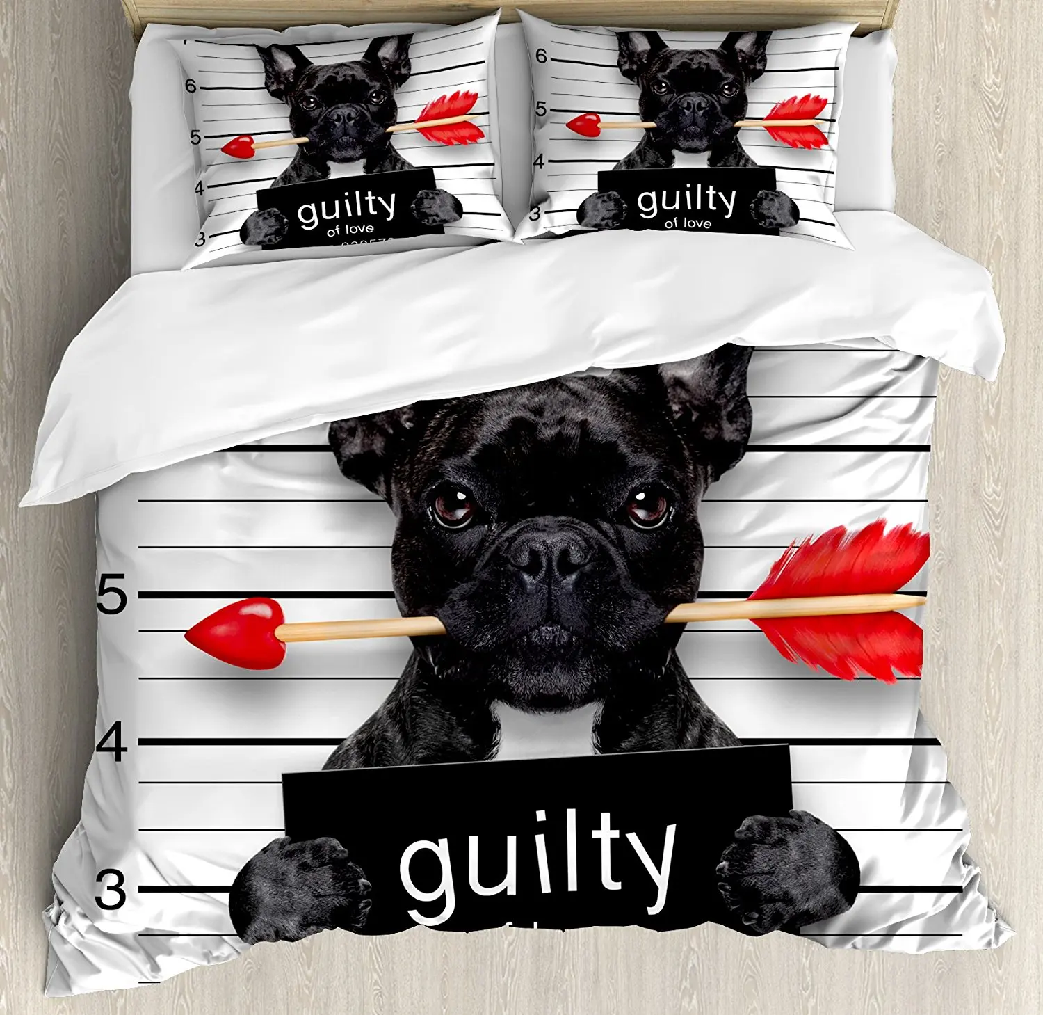 

Funny Duvet Cover Set Valentines Bulldog with Rose in Mouth As Mug Shot Guilty of Love Romance Design Bedding Set