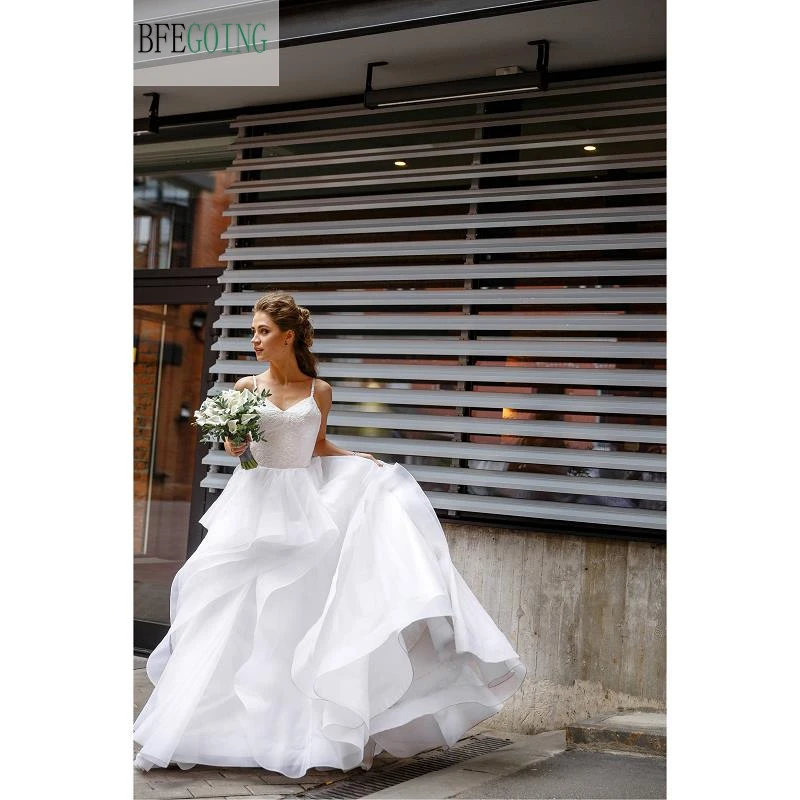 

White Lace Organza Floor-Length V-Neck A-line Wedding dresses Spaghetti Straps Bridal Gown Custom made
