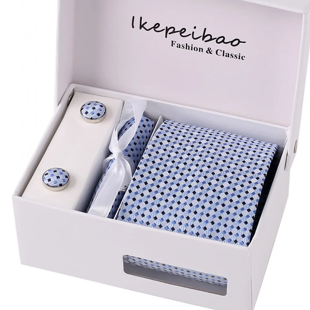 Ikepeibao пользовательские Брендовые мужские галстуки фиолетовый клетчатый синий горошек галстук наборы Запонки носовые платки с упаковкой подарочной коробки - Цвет: K65