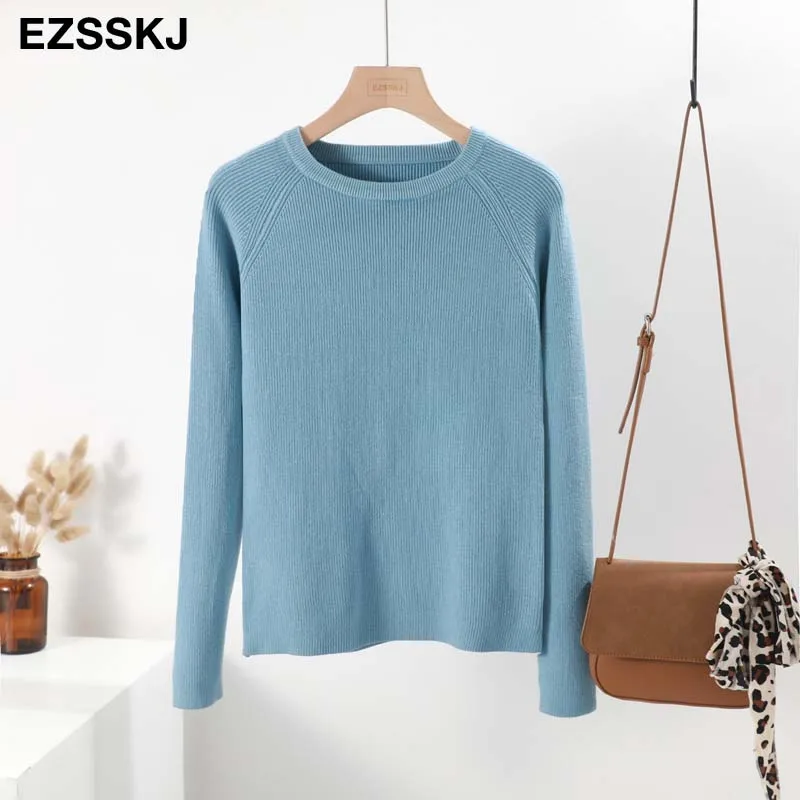 Повседневный базовый осенне-зимний толстый свитер женский длинный рукав круглый вырез мягкий вязаный свитер, пуловер Однотонный женский джемпер Топ - Color: Sky blue