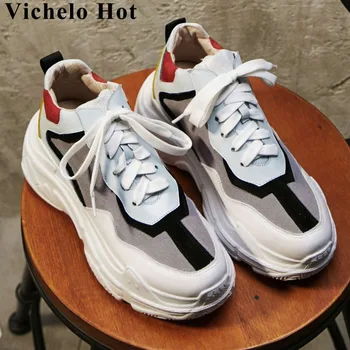 

Vichelo Hot mixed colors street style lace up vintage sneakers med bottom platform round toe breathable vulcanized shoes L31