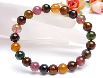 

free shipping Grade AAAA 100% Natural Rare Colorful Tourmaline Crystal Clear Bead Bracelet 8mm