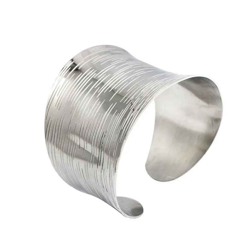 Engraving Wave Pattern Silver Color Wide Bracelet Cuff Bangle Stainless Steel Women Grils Fashion Jewelry 1PCS 5
