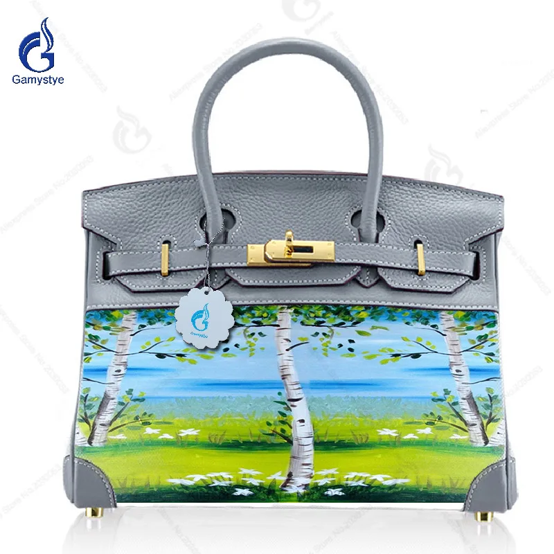 

Women designer handbags high quality Genuine Leather + Canvas purses handbags With Art Oil Hand Painted Beauty scenery Custom