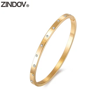 

ZINDOV Gold Bangle Bracelet Stainless Steel Women Fashion Jewelry Crystal Slim Wristband Rose Gold For Lady Girls Dropshipping