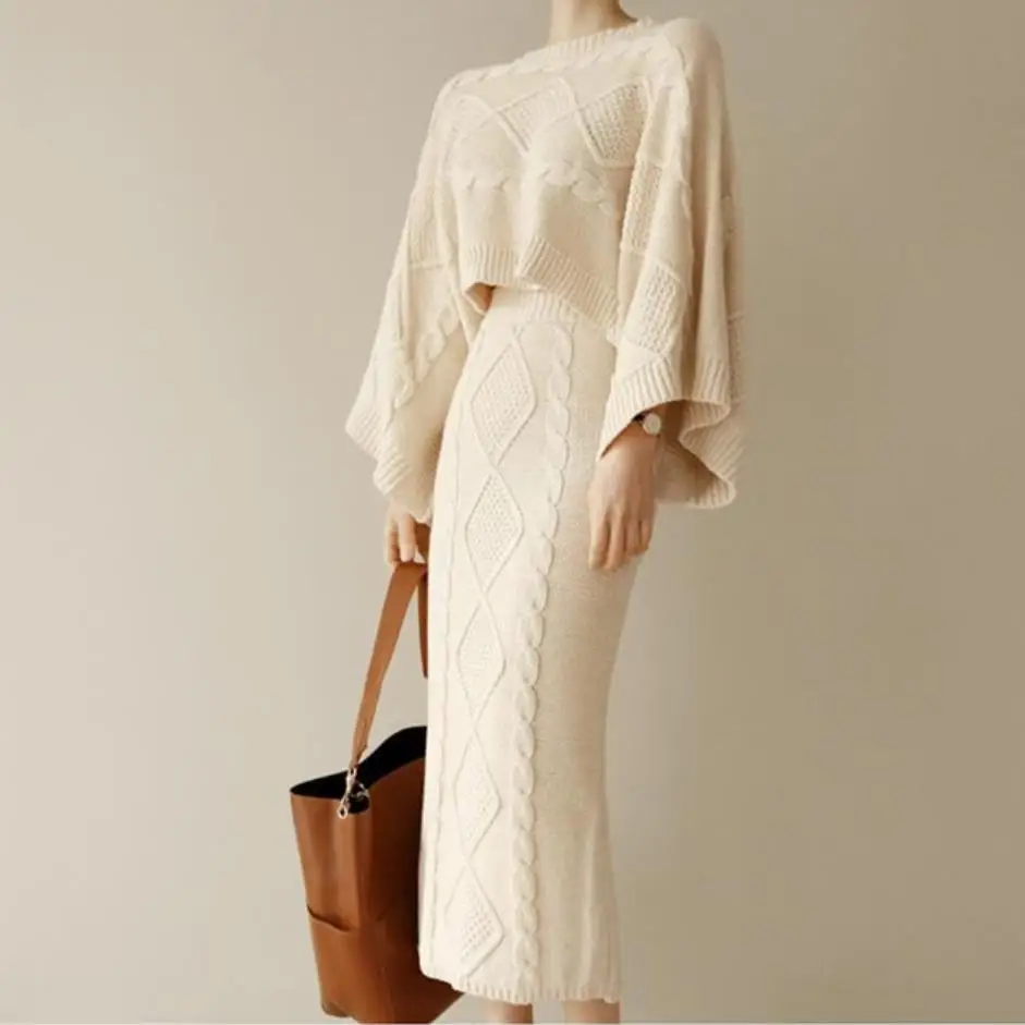 

Women Casual 2 two Pieces Set Knitted O-Neck Pullover+package hipSkirts Sweaters Two Sets